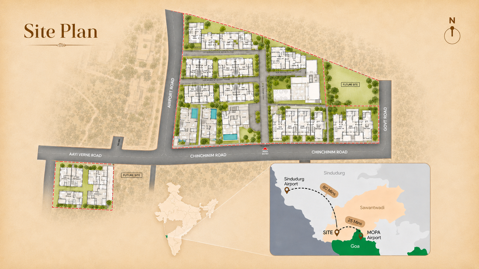 Reference site plan image showing the Riverdale site layout, road network, north indicator, and regional location map.