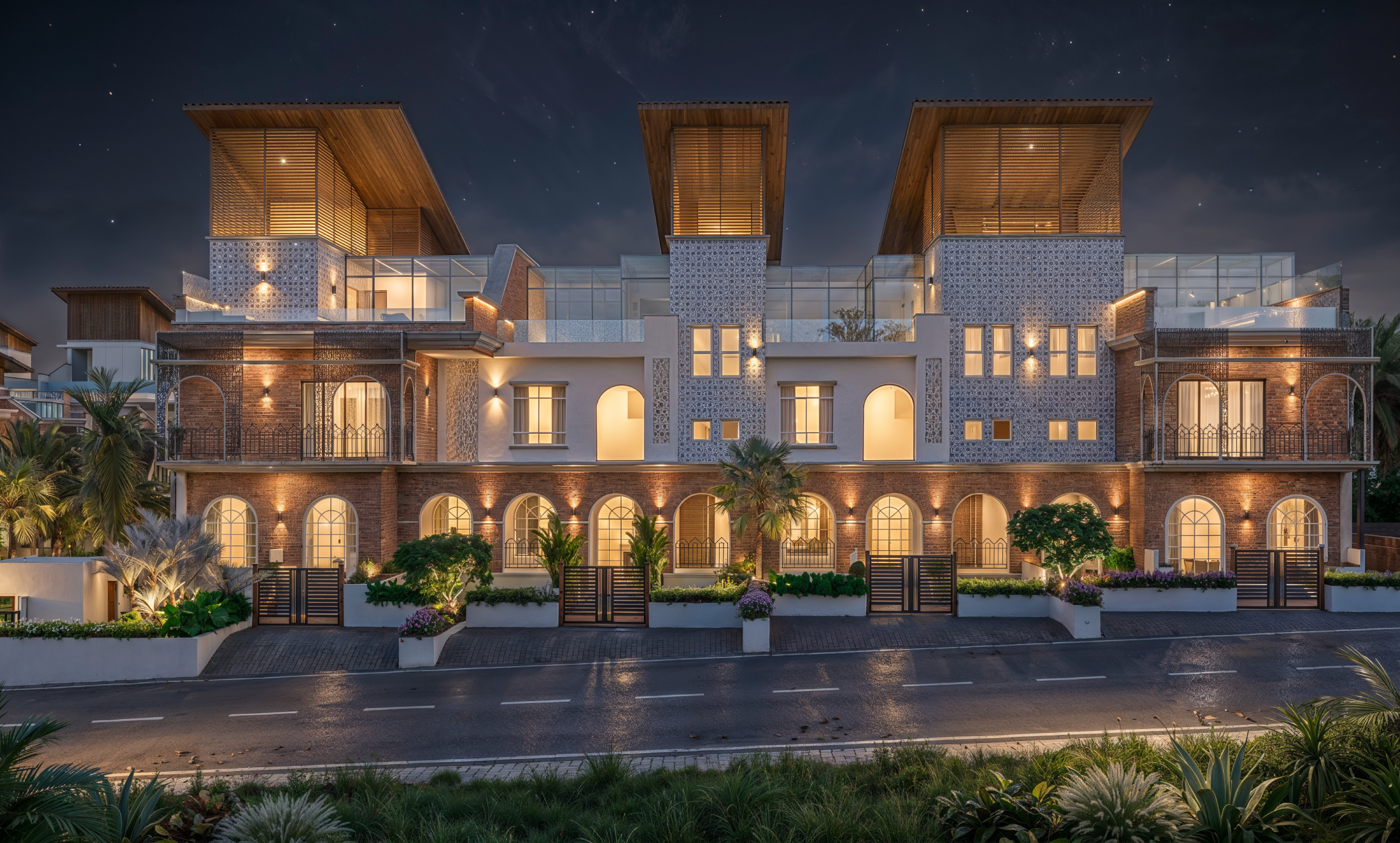Arched villa facade at night